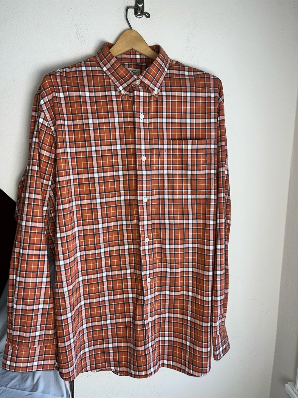 L.L. Bean Men's Orange Plaid Button-Down Shirt with White Accents XL- Reg